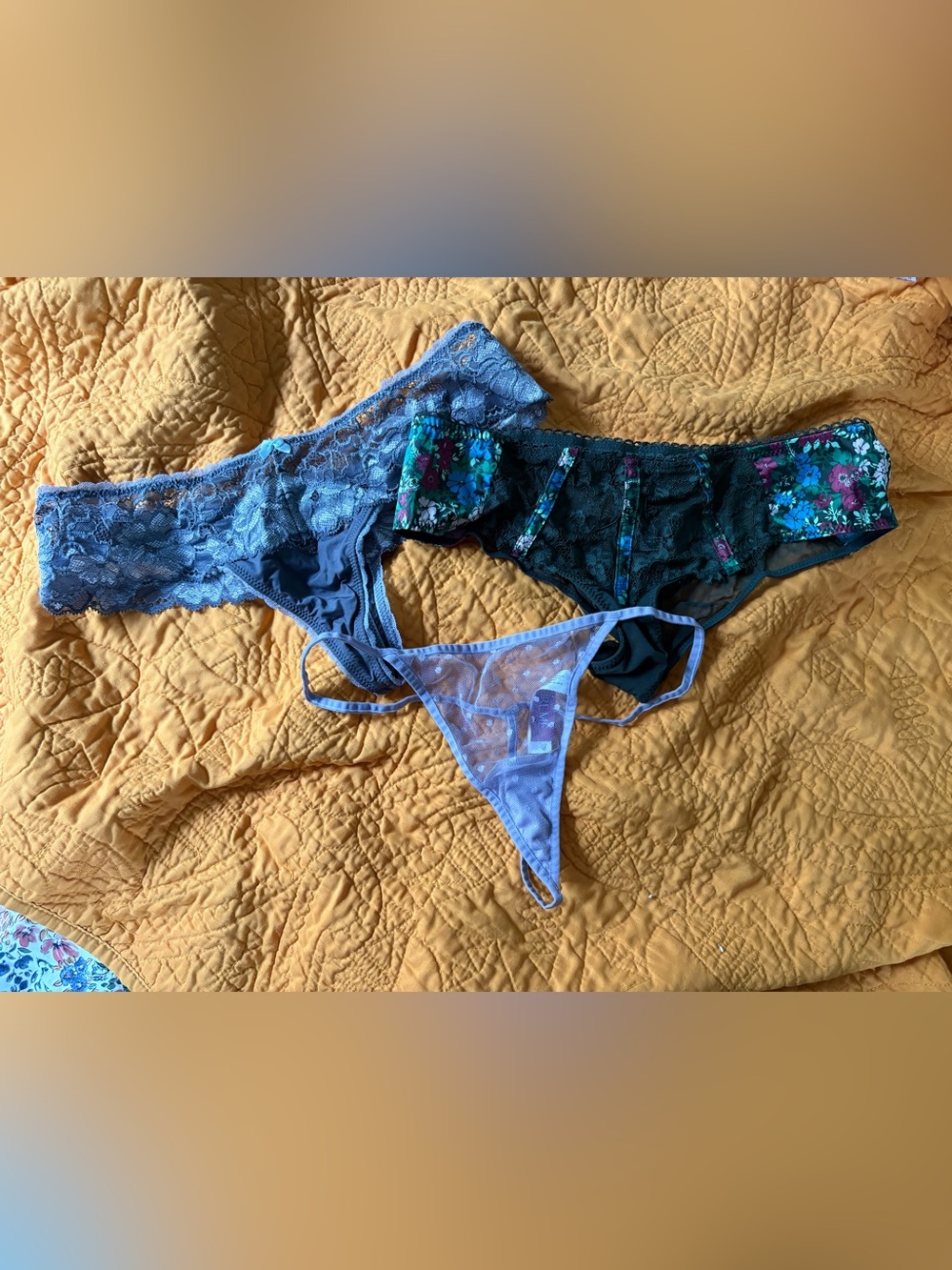 Adore Me Grey/Purple/Green Lace & Floral Mesh Thong Set